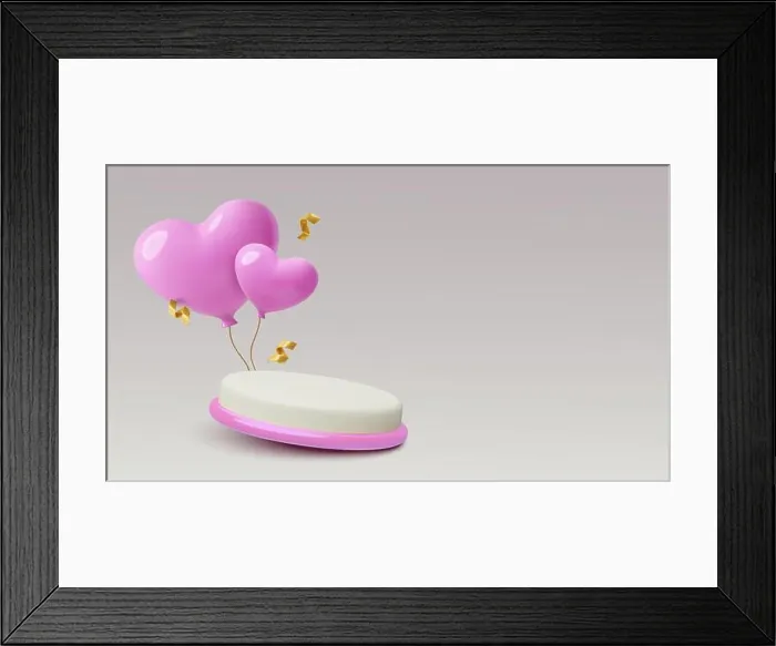 Framed Print : Valentines day 3D podium with Pastel pink heart balloons gold confetti minimal product background Framed Print : Valentines day 3D podium with Pastel pink heart balloons gold confetti minimal product background