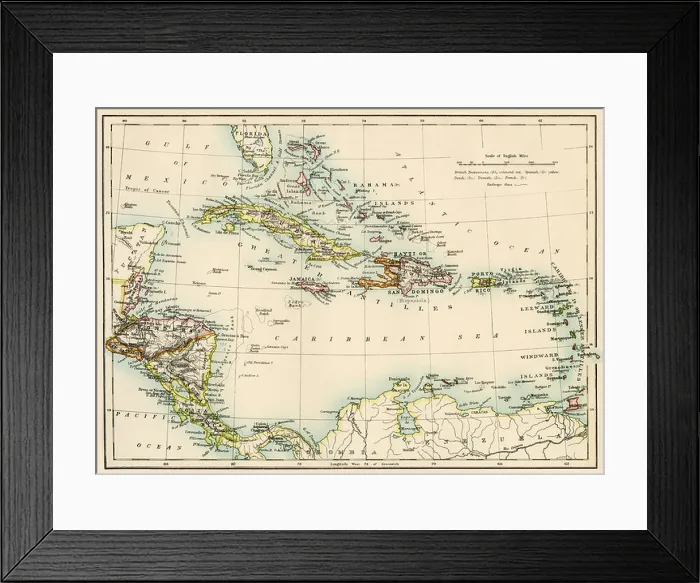 Framed Print : Map of the West Indies and the Caribbean Sea, 1800s. Color lithograph Framed Print : Map of the West Indies and the Caribbean Sea, 1800s. Color lithograph