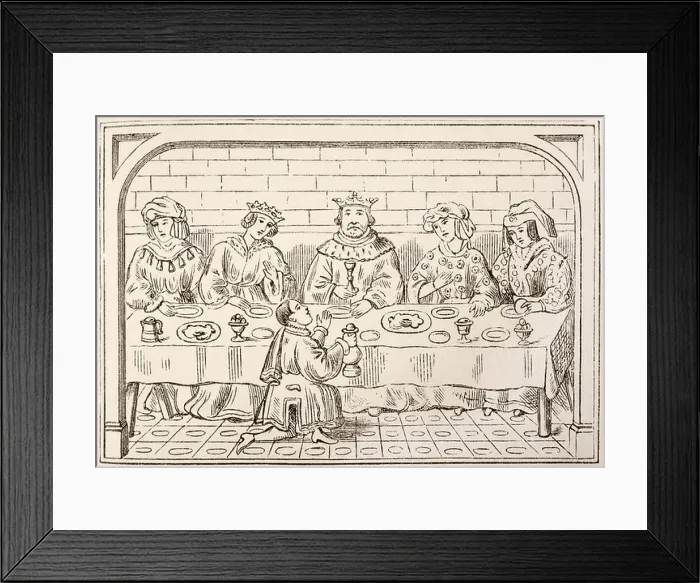 Framed Print : Royal dinner party in the 15th century, from an old manuscript in the British Museum Framed Print : Royal dinner party in the 15th century, from an old manuscript in the British Museum