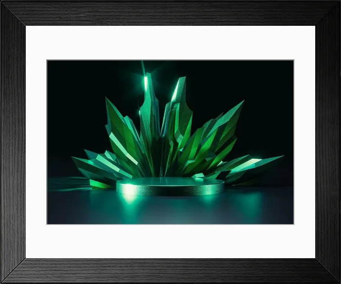 Framed Print : 3d presentation pedestal or dais with emerald at background Framed Print : 3d presentation pedestal or dais with emerald at background