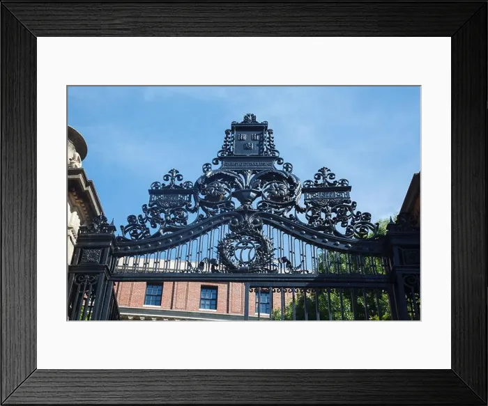 Framed Print : An Ornate iron gate and the historical brick buildings of Harvard University in Cambridge Framed Print : An Ornate iron gate and the historical brick buildings of Harvard University in Cambridge
