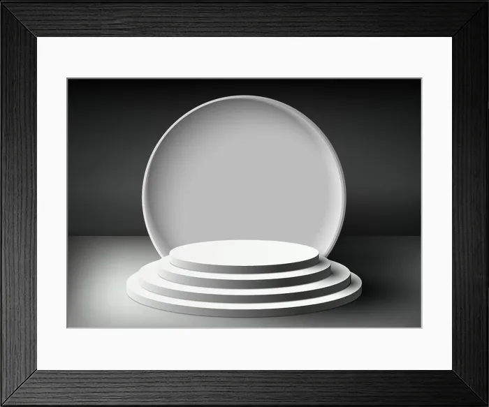 Framed Print : 3D realistic empty white podium platform stand level step display with white circle backdrop on black background Framed Print : 3D realistic empty white podium platform stand level step display with white circle backdrop on black background