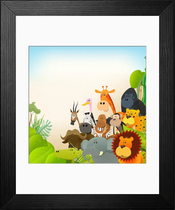 Framed Print : Illustration of cute various cartoon wild animals from african savannah