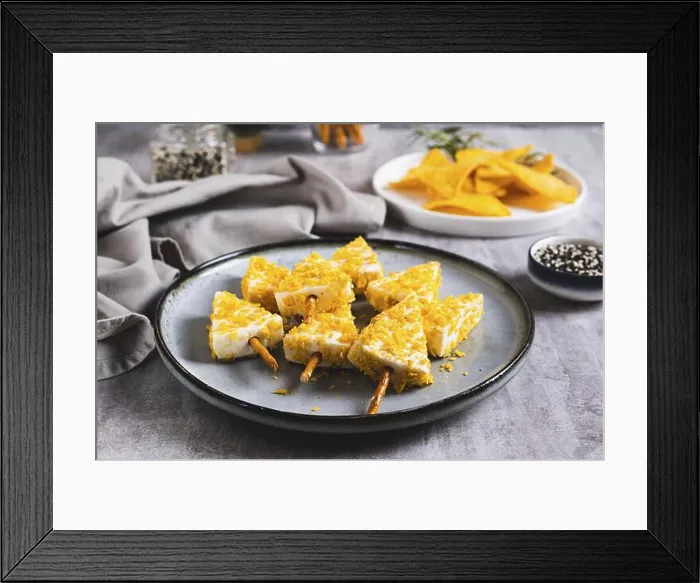 Framed Print : Food, Fake Christmas trees made from triangle cheese in nacho crumbles on a plate on a table Framed Print : Food, Fake Christmas trees made from triangle cheese in nacho crumbles on a plate on a table