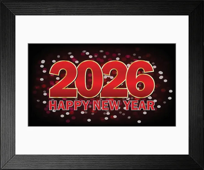 Framed Print : Happy New Year 2026. Vector illustration of greeting card, banner or poster Framed Print : Happy New Year 2026. Vector illustration of greeting card, banner or poster