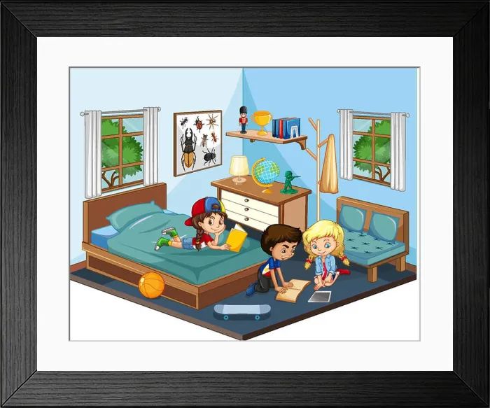 Framed Print : Kids in the bedroom in blue theme scene on white background Framed Print : Kids in the bedroom in blue theme scene on white background