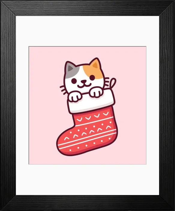 Framed Print : Cute cartoon cat in Christmas stocking Framed Print : Cute cartoon cat in Christmas stocking