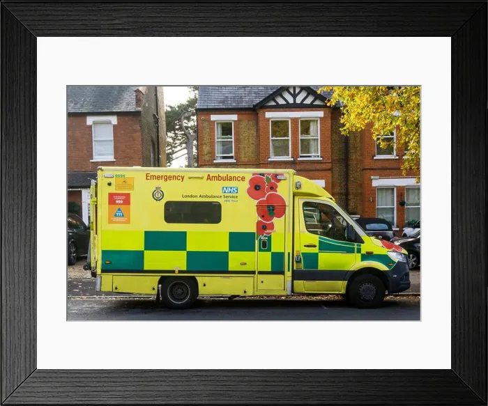 Framed Print : An emergency ambulance of the London Ambulance Service NHS Trust with poppy design for Remembrance Day parked in south Framed Print : An emergency ambulance of the London Ambulance Service NHS Trust with poppy design for Remembrance Day parked in south