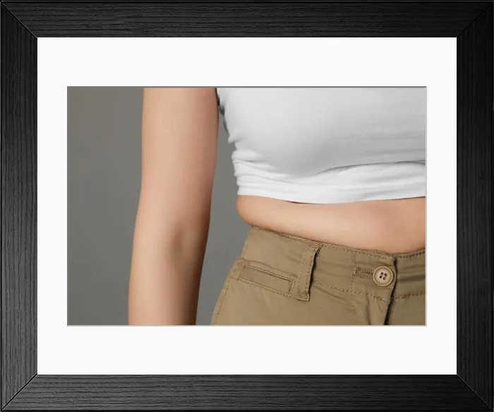 Framed Print : Overweight woman in tight pants on grey background, closeup Framed Print : Overweight woman in tight pants on grey background, closeup
