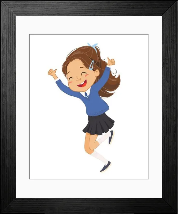 Framed Print : Rejoicing European schoolgirl elementary student jumping with cool gesture vector flat illustration Framed Print : Rejoicing European schoolgirl elementary student jumping with cool gesture vector flat illustration
