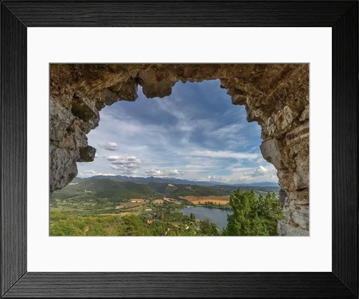 Framed Print : Beautiful lake Piediluco view and the ancient town Labro on the hill from the window of an old ruined castle Framed Print : Beautiful lake Piediluco view and the ancient town Labro on the hill from the window of an old ruined castle