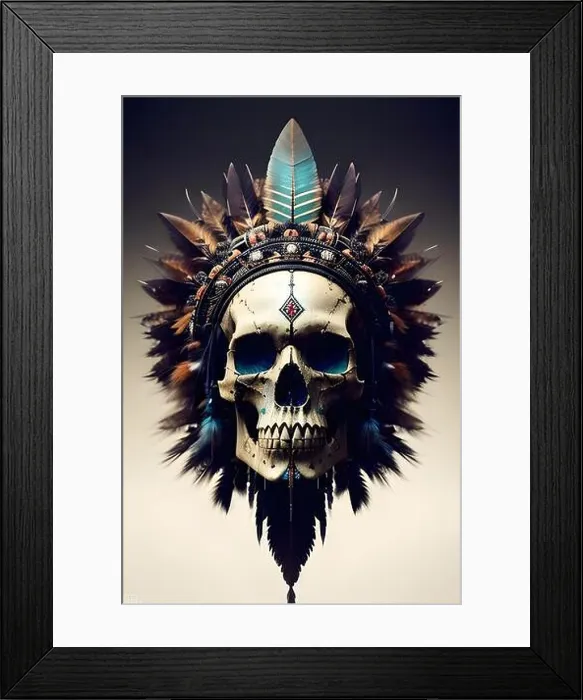 Framed Print : A human skull decorated with a Native American headdress and feathers featured prominently on the forehead Framed Print : A human skull decorated with a Native American headdress and feathers featured prominently on the forehead