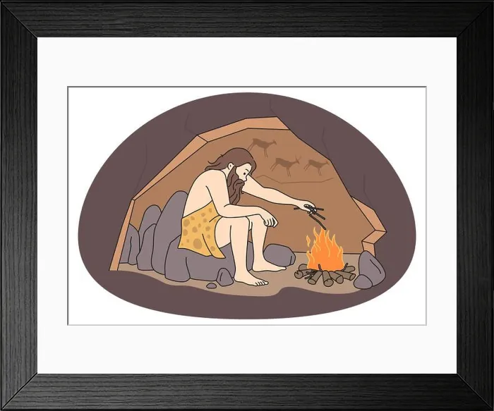 Framed Print : Caveman sitting in cave near bonfire warming Framed Print : Caveman sitting in cave near bonfire warming