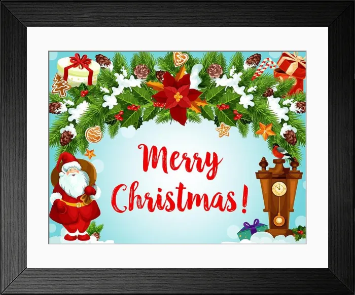 Framed Print : Merry Christmas Santa greeting card design template of gifts on Xmas tree decoration ornament and New Year clock Framed Print : Merry Christmas Santa greeting card design template of gifts on Xmas tree decoration ornament and New Year clock