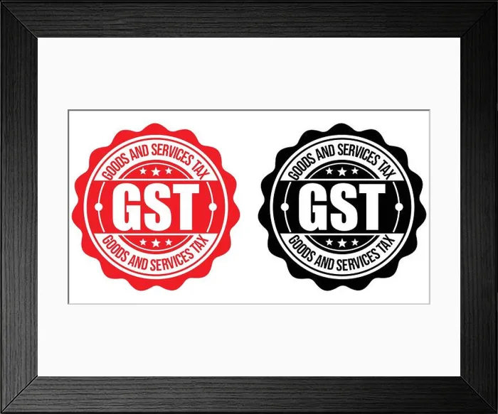 Framed Print : GST Logo Badge Design – Goods and Services Tax Icon Label in Red and Black Vector Style Framed Print : GST Logo Badge Design – Goods and Services Tax Icon Label in Red and Black Vector Style
