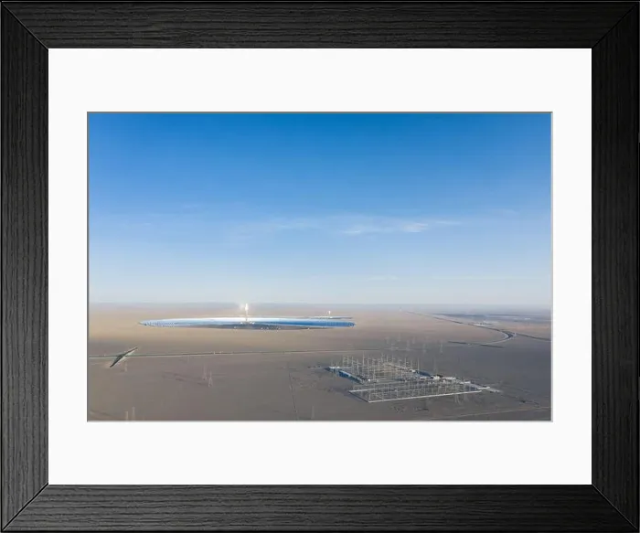 Framed Print : Aerial view of solar thermal power station and transformer substation on desert Framed Print : Aerial view of solar thermal power station and transformer substation on desert