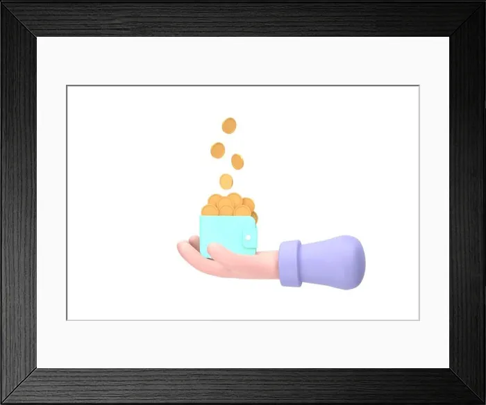 Framed Print : 3D. Money rain, hands holding a wallet with coins