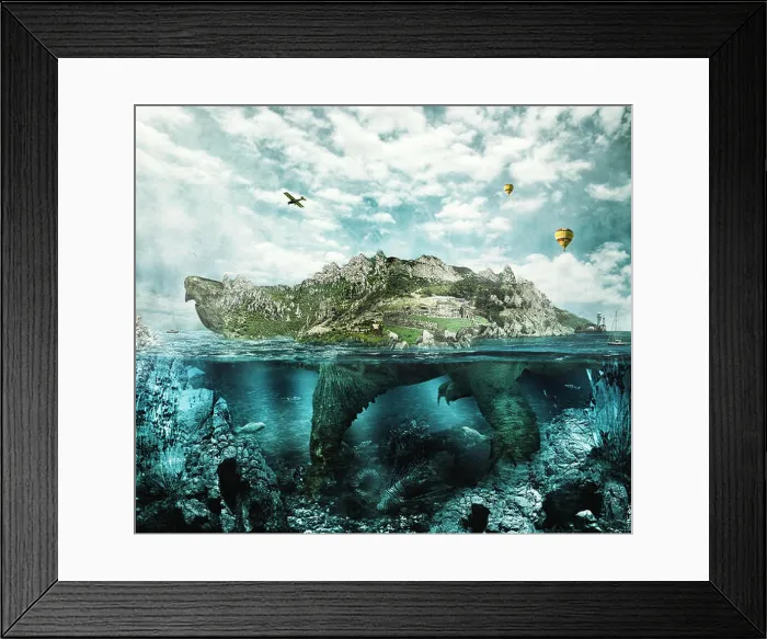 Framed Print : Huge turtle in ocean overgrown forests and mountains to the village and the castle in the shell floats like an island Framed Print : Huge turtle in ocean overgrown forests and mountains to the village and the castle in the shell floats like an island