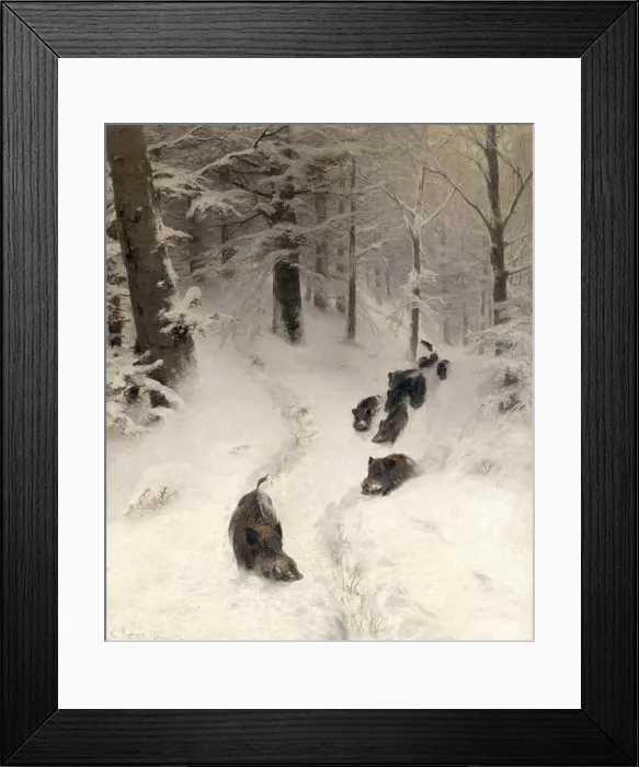 Framed Print : Kroner Christian Johann - Herd of Wild Boar in a Winter Woodland