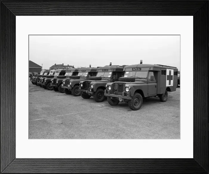 Framed Print : Line of army land rover ambulances at army base on Salisbury Plain 1990 Framed Print : Line of army land rover ambulances at army base on Salisbury Plain 1990