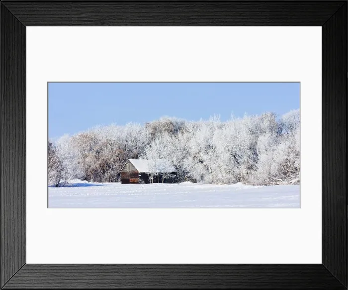 Framed Print : Small, old barn sits in a snow-covered field Framed Print : Small, old barn sits in a snow-covered field