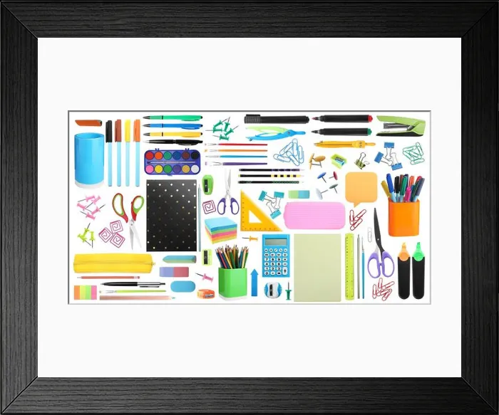 Framed Print : Set of bright school stationery on white background. Banner design Framed Print : Set of bright school stationery on white background. Banner design