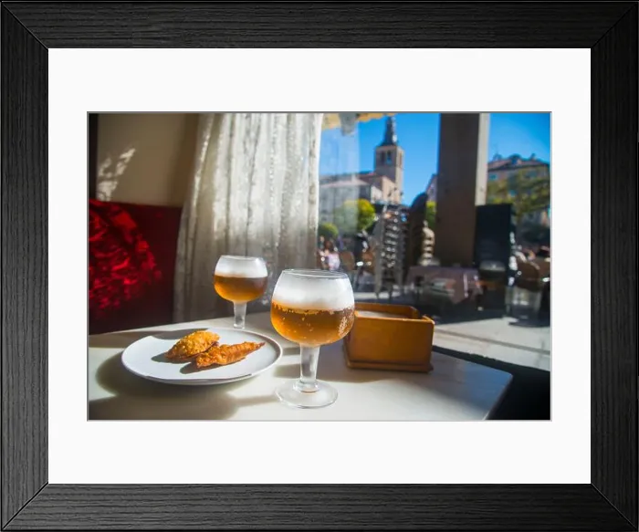Framed Print : Two glasses of beer and tapa in a cafe. Plaza Mayor, Segovia, Spain Framed Print : Two glasses of beer and tapa in a cafe. Plaza Mayor, Segovia, Spain
