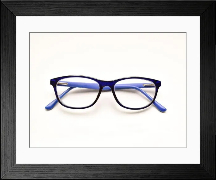 Framed Print : eyewear isolated on white background, black and blue spectacle Framed Print : eyewear isolated on white background, black and blue spectacle