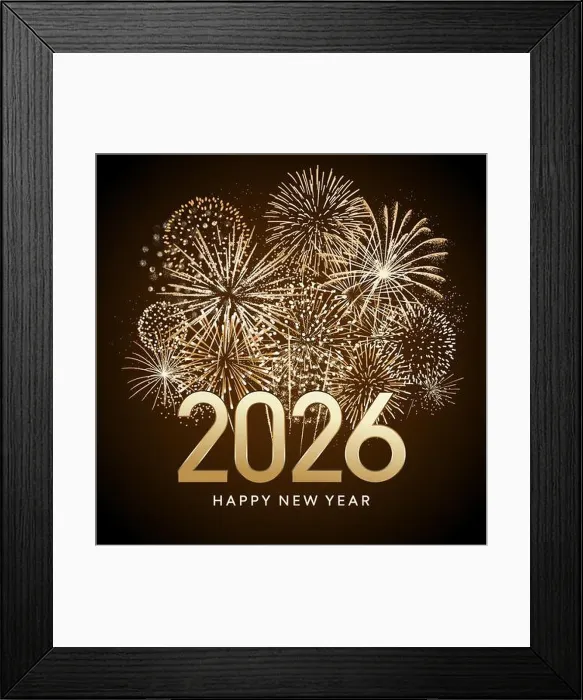 Framed Print : 2026 fireworks poster, gold number, New Year greeting card Framed Print : 2026 fireworks poster, gold number, New Year greeting card