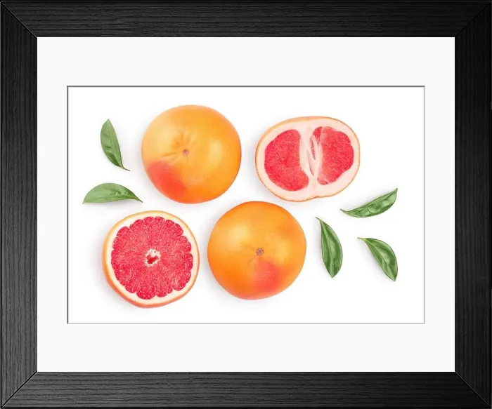 Framed Print : Grapefruit and slices with leaves isolated on white background Framed Print : Grapefruit and slices with leaves isolated on white background