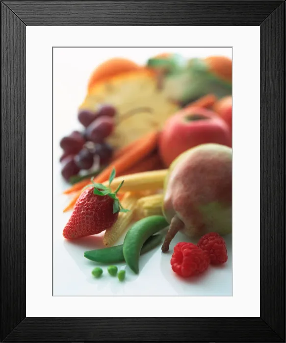 Framed Print : Mixture of fruit and vegetables with salad ingredients on a white background Framed Print : Mixture of fruit and vegetables with salad ingredients on a white background