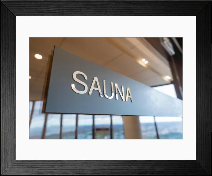 Framed Print : Close-up of sauna sign Framed Print : Close-up of sauna sign