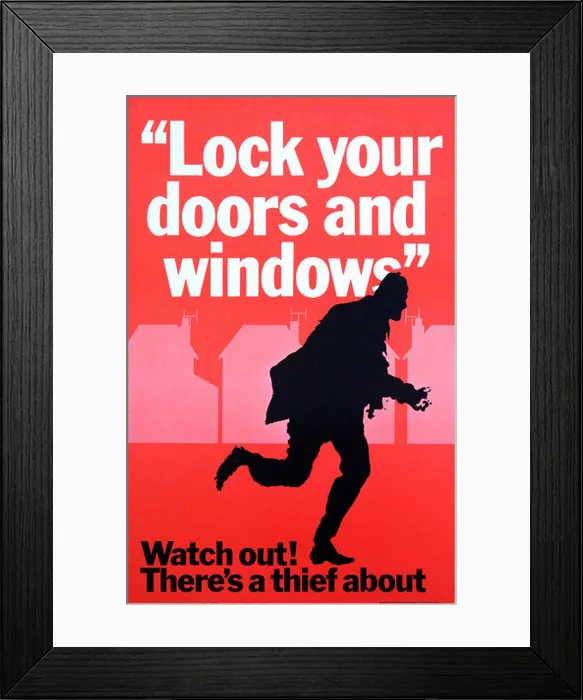 Framed Print : Watch Out there's a Thief About Original Crime Prevention Poster 1968 Central Office of Information 1960s FOR EDITORIAL Framed Print : Watch Out there's a Thief About Original Crime Prevention Poster 1968 Central Office of Information 1960s FOR EDITORIAL