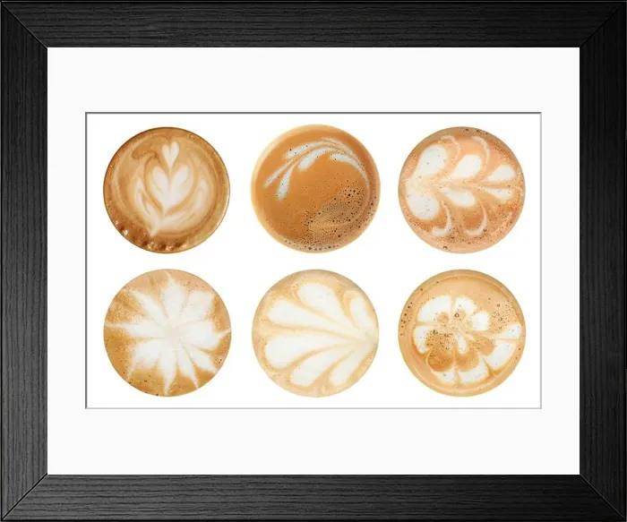 Framed Print : Coffee foam with latte art isolated on white, top view Framed Print : Coffee foam with latte art isolated on white, top view