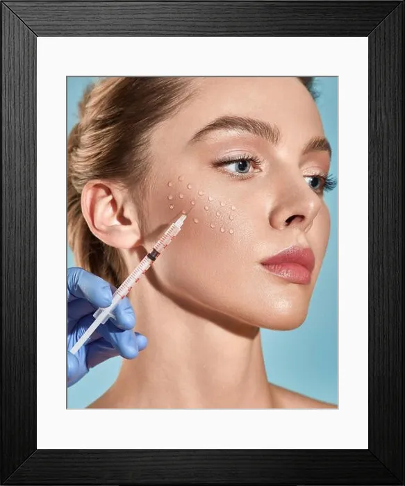 Framed Print : Biorevitalization. Beautiful woman getting beauty injections with hyaluronic acid for smoothing of face mimic wrinkles Framed Print : Biorevitalization. Beautiful woman getting beauty injections with hyaluronic acid for smoothing of face mimic wrinkles