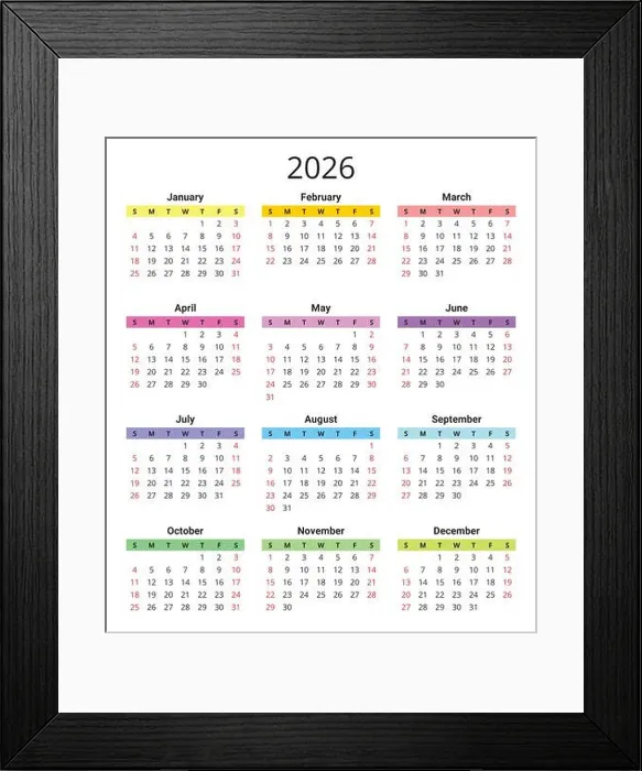 Framed Print : Calendar for 2026 year. Each month in a different color Framed Print : Calendar for 2026 year. Each month in a different color