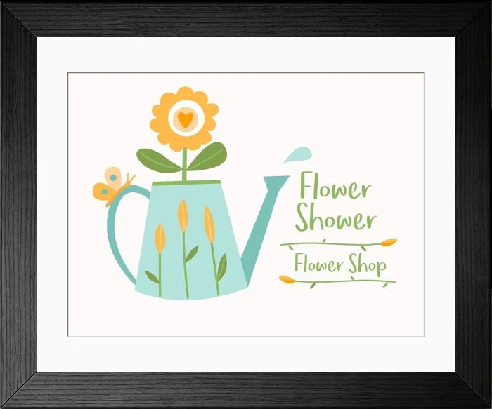Framed Print : Watering can with flowers, butterfly and water drop, flower shop logotype vector template, logo design Framed Print : Watering can with flowers, butterfly and water drop, flower shop logotype vector template, logo design
