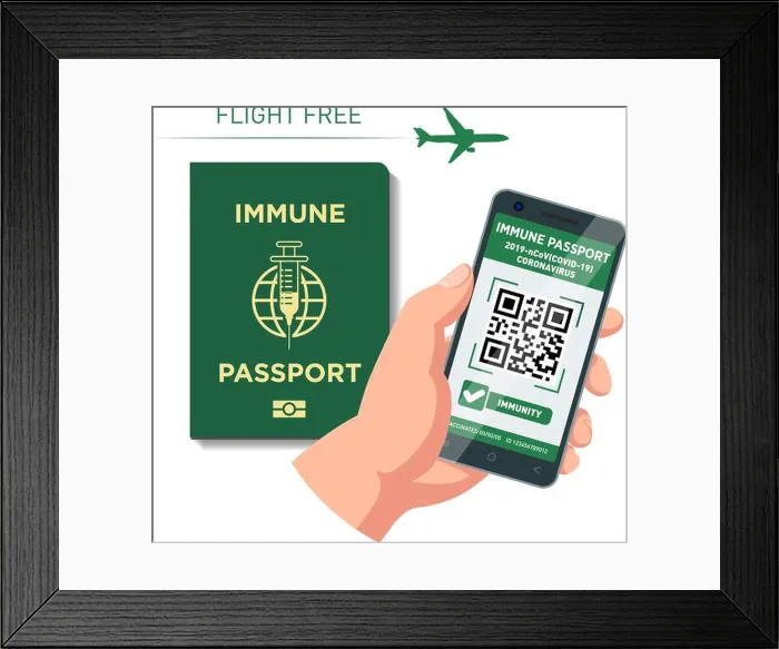 Framed Print : Digital and paper Vaccination immune passport for flight Framed Print : Digital and paper Vaccination immune passport for flight