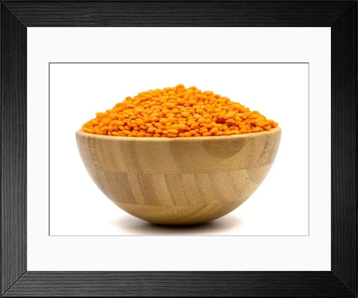 Framed Print : Red lentils isolated on white background. Raw red lentils in wooden bowl Framed Print : Red lentils isolated on white background. Raw red lentils in wooden bowl