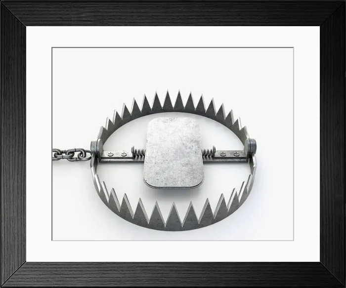 Framed Print : An open metal animal hunting trap attached to the ground with a metal chain on an isolated studio background - 3D render Framed Print : An open metal animal hunting trap attached to the ground with a metal chain on an isolated studio background - 3D render