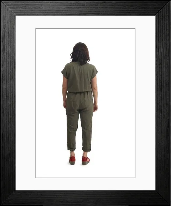 Framed Print : back view of woman dressed in jumpsuit on white background Framed Print : back view of woman dressed in jumpsuit on white background