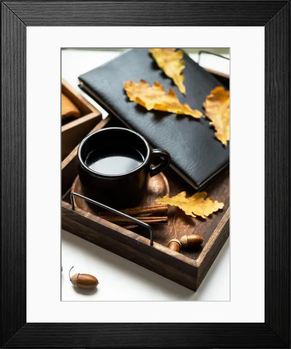 Framed Print : Cozy fall morning at home. Coffee cup, book and autumn leaves on wooden tray Framed Print : Cozy fall morning at home. Coffee cup, book and autumn leaves on wooden tray
