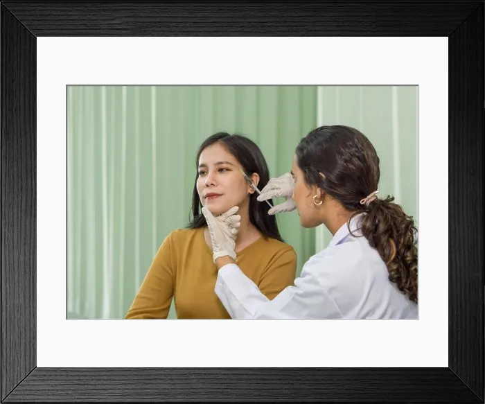 Framed Print : Doctor giving female patient medical injection in temporal Framed Print : Doctor giving female patient medical injection in temporal