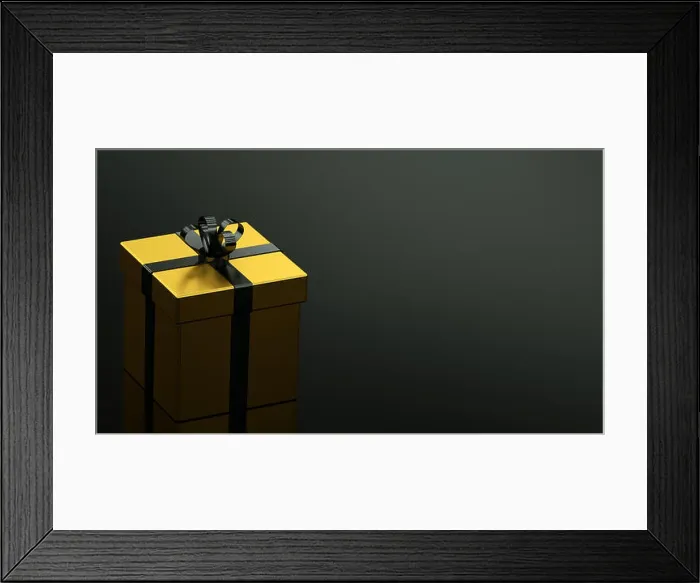 Framed Print : Black gift boxes with gold ribbon on black background. 3D rendering Framed Print : Black gift boxes with gold ribbon on black background. 3D rendering