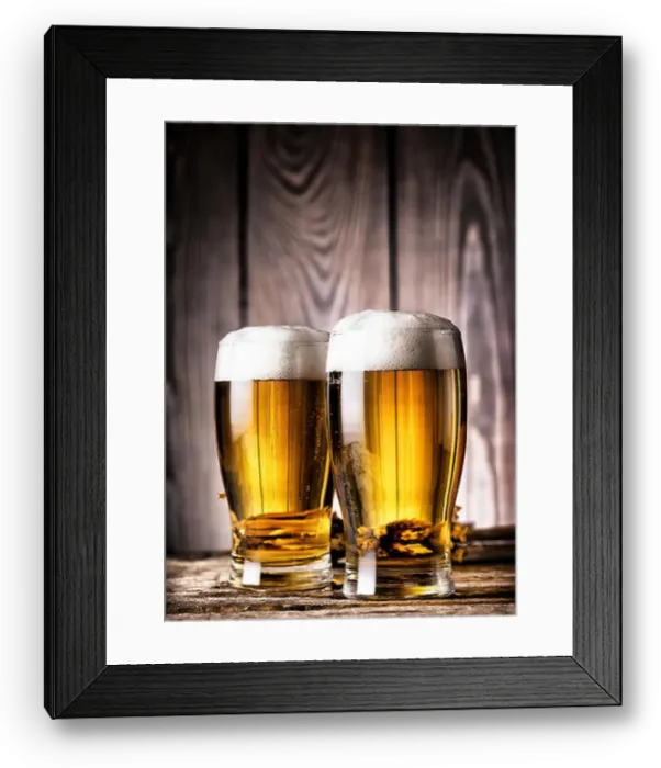 Framed Print : Two glasses of light beer with foam on a wooden background Framed Print : Two glasses of light beer with foam on a wooden background