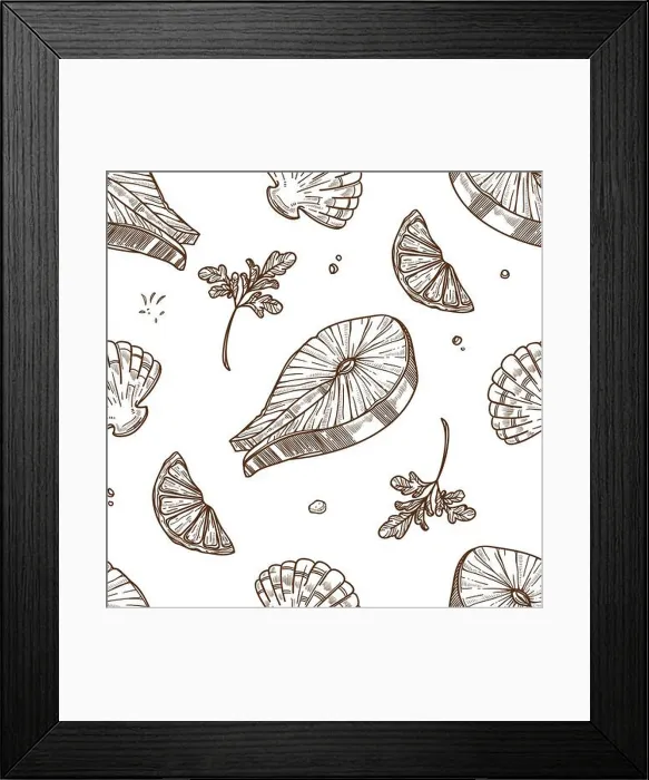 Framed Print : Piece of salmon, lemon slice and fresh greenery monochrome seamless pattern Framed Print : Piece of salmon, lemon slice and fresh greenery monochrome seamless pattern