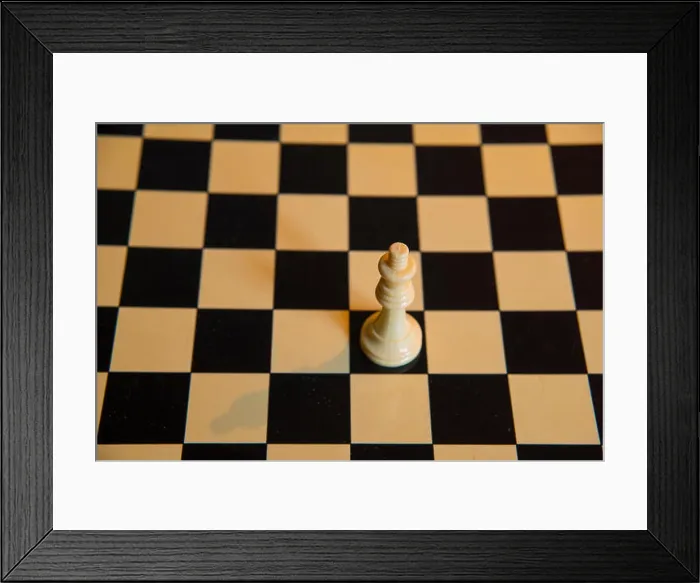 Framed Print : White queen on empty chess board Framed Print : White queen on empty chess board