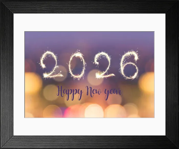 Framed Print : Happy new year 2026 written with sparkes on blurred bokeh lights background, holiday greeting card Framed Print : Happy new year 2026 written with sparkes on blurred bokeh lights background, holiday greeting card