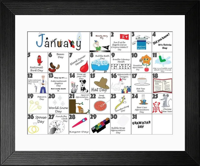 Framed Print : January 2020 calendar illustrated with daily Quirky Holidays and Unusual Celebrations Framed Print : January 2020 calendar illustrated with daily Quirky Holidays and Unusual Celebrations