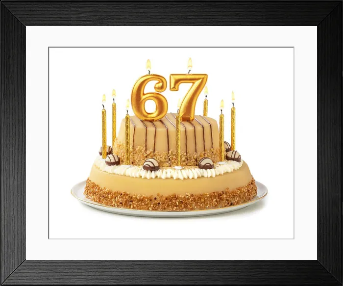 Framed Print : Festive cake with golden candles - Number 67 Framed Print : Festive cake with golden candles - Number 67